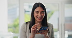 Phone, business communication and happy woman laughing at funny online article, blog or report. Humour, smartphone and office agent reading comedy website, internet meme or social network joke on app
