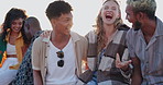 Friends, conversation and outdoor with funny joke, bonding and discussion with story and communication. Summer, conversation and happy people together on a holiday and vacation with travel in summer 