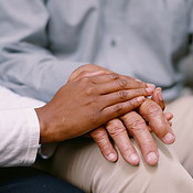 Holding hands, senior person and nurse with comfort, care or support in ...