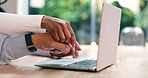 Holding hands, help and people typing on laptop at desk in home closeup for email communication or networking. Computer, support or assistance with seniors in apartment for retirement planning