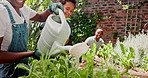 Gardening, smile and happy with black family in spring together for leisure, hobby or bonding outdoor. Mother, father and children in garden of home for growth, landscaping or watering fresh flowers