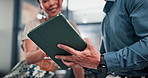 Business hands, teamwork and tablet for social media planning, collaboration and office feedback in lens flare. Creative people or woman on digital technology, training and reading for project advice