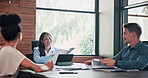 Documents, meeting and planning with business people in boardroom of office for discussion. Administration, tablet and teamwork with colleagues in company workplace for collaboration and consulting