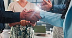 Business people, applause and shaking hands for meeting success, b2b deal and agreement, promotion or thank you. Professional group and team handshake for congratulations, celebration and clapping