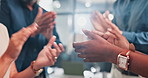 Hands, applause or closeup of business people in office for collaboration, growth or deal celebration. Clapping, support or excited team cheering for goal, feedback or startup, loan or review success