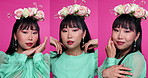 Face, beauty and flowers with asian woman collage in studio on pink background for natural wellness. Portrait, skincare and floral bouquet with series of happy young person at salon for aesthetic