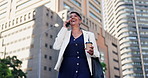 Mature business woman, phone call and street with talking, coffee and walk to work in city with smile. Senior executive, person and employee with smartphone conversation for networking on sidewalk