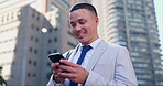 Hands, business man and smartphone in city for communication and social media chat, online map for travel and email. Typing, post or update with navigation, mobile app and connectivity with network