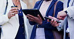 Closeup, tablet and business people with smartphone, connection and email with digital app, planning or cooperation. Staff, coworkers or  hands with technology, internet or network with collaboration