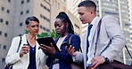 Business people, group and technology with conversation in city for legal strategy and case collaboration. Lawyers, professional team and discussion with tablet for planning and brainstorming outdoor