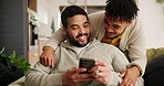 Smile, phone and young gay couple networking on social media, mobile app or the internet on sofa at home. Happy, technology and lgbtq men scroll on website with cellphone in living room at apartment.