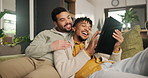 Gay couple, home and tablet with happiness, love and communication in living room and connection. Apartment, lgbtq and men with technology and digital app with queer people, smile or bonding together