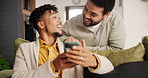 Gay couple, home and smartphone with happiness, smile and communication in lounge and connection. Apartment, lgbtq and men with cellphone and digital app with queer people, love or bonding together