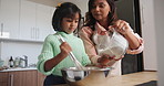 Mother, daughter and helping in kitchen with baking, mixing bowl and teaching for child development. Family, woman and girl kid with cooking, flour and learning for cookies, cake and dessert in home 