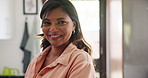 Happiness, home kitchen and face of woman with positive facial expression, morning wellness and relax in apartment. Portrait, smile and beautiful person carefree on weekend break in Costa Rica house