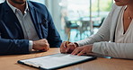 Business hands, clients and documents signature for legal contract, agreement and office consultation. Notary, advisor or people writing on paper for funding, terms and conditions or life insurance