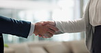 Business people, trust and handshake for deal, agreement and partnership negotiation in office. Shaking hands closeup, contract or recruitment, hiring offer and collaboration of consultant in meeting