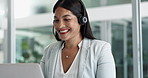 Business woman, agent and call center on computer in customer service, support or advice in office. Professional Philippines advisor or consultant in headphones for contact us or e commerce on laptop