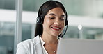 Business woman, consultant and call center on computer in customer service, support or advice in office. Professional Philippines advisor or agent in headphones for contact us or e commerce on laptop