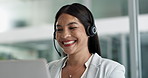 Woman consultant, call center communication and computer for customer service, support or advice in office. Philippines advisor or business agent speaking for contact us, FAQ or e commerce on laptop