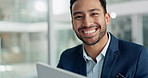 Face, happy or businessman with tablet for research on blog, post or networking in office with smile. Digital agency, technology or social media manager typing online or planning for update on web