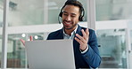 Laptop, smile and business man in call center office with headset for customer support or service. Computer, contact and communication with happy employee working in tech agency for consulting