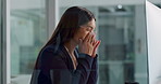 Business woman, headache and tired on computer for copywriting deadline, online planning and office stress. Young worker, editor or writer with eye strain, glasses and pain on desktop for research