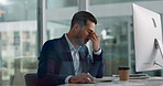 Business man, headache and tired on computer for information technology, online planning and office stress. Worker, programmer or developer with fatigue, pain or frustrated for mistake on desktop