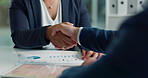 Business people, negotiation and handshake for deal, agreement or partnership in office. Shaking hands, closeup and hiring offer for recruitment, b2b collaboration or data analyst at table in meeting