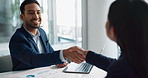 Business people, smile and shaking hands for deal, agreement and b2b partnership negotiation in office. Handshake, laptop and hiring offer for recruitment, interview and financial analyst in meeting