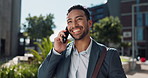 Phone call, smile and businessman commuting in city to work with communication for legal deal. Happy, talking and professional male attorney on mobile conversation for law case walking in urban town.