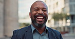 Face, business and laughing black man in city outdoor in the morning on lens flare. Portrait, happy and professional lawyer in town, attorney and funny employee working in South Africa for career