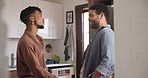 Happy man, discussion and gay couple in kitchen for communication, LGBTQ or pride together at home. Male person, lovers or friends smile and talking in relationship on weekend or holiday at house