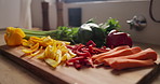 Vegetables, board and healthy nutrition for salad dinner or carrots in kitchen, pepper or leaks, Organic, food and counter for diet menu or raw ingredients for cooking wellbeing, vitamins or fibre