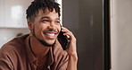 Happy man, phone call and communication for conversation, social media or networking in kitchen at home. Face of young male person smile talking on mobile smartphone for online chatting or discussion