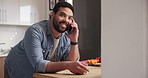 Happy man, phone call and kitchen for communication, discussion or social media at home. Young male person smile talking on mobile smartphone for online chatting or conversation on table at house