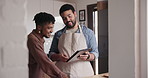 Tablet, cooking and gay couple in kitchen of home together, reading a recipe for health, diet or nutrition.Technology, love or LGBT with happy young man and partner in apartment for morning bonding