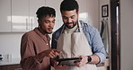 Tablet, love and gay couple in kitchen of home together, reading a recipe for health, diet or nutrition.Technology, cooking or LGBT with happy young man and partner in apartment for morning bonding