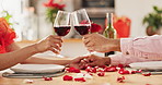 Couple, hands and toast with wine glass for home celebration of love, romance and valentines day on anniversary. People, table and date success with red champagne, drinks or luxury dinner with roses