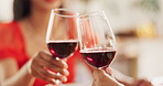 Couple, hands and toast with red wine for celebration of love, romance and valentines day on their anniversary. People or lover on date with glasses, drinks and alcohol for cheers, success and luxury