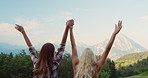 Two women hiking on holiday. Friends celebrating holiday together