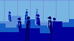 A crowd of animated businesspeople walking through an office against a blue background. You better get to your flight on time. A group of cgi created businesspeople walking through the airport