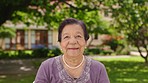 Senior woman, retirement portrait and park, garden or nursing home outdoors for wellness, healthy fresh air and mental health. Elderly, old and happy retired pensioner lady face relaxing in sunshine