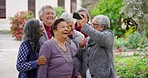 Friends, elderly women and outdoor selfie together in garden at happy social event with smartphone. Cheerful friendship reunion picture on mobile phone of people bonding at nursing home.