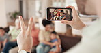 Phone screen, hand or countdown for family picture, photography and memory photo of home bonding, love and care. Home, smartphone UI or person count for relax grandparents, parents and kids together