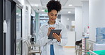 Medical, tablet or doctor typing for research on social media to search for medicine news online. Woman reading, scroll or healthcare nurse browsing on technology for telehealth services in hospital