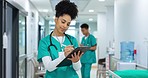 Doctor, holding and writing on clipboard in hospital for patient, care or treatment after exam in emergency room. Woman, nurse and medicine after consulting for health, wellness or surgery in space