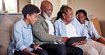 Family, tablet and scrolling on app at home, love and bonding on weekend on internet. Black grandparents, children and teaching senior people on technology, knowledge and learning in retirement