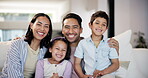 Happy family, face or mom with dad or children on sofa in home for care, safety or love together to relax. Smile, couch or proud mother with father or kids for support, trust or comfort in a house
