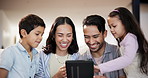 Tablet, happy and kids with parents on sofa choosing movie, film or show on internet at home. Smile, excited and children with mother and father to select video on digital technology in living room.